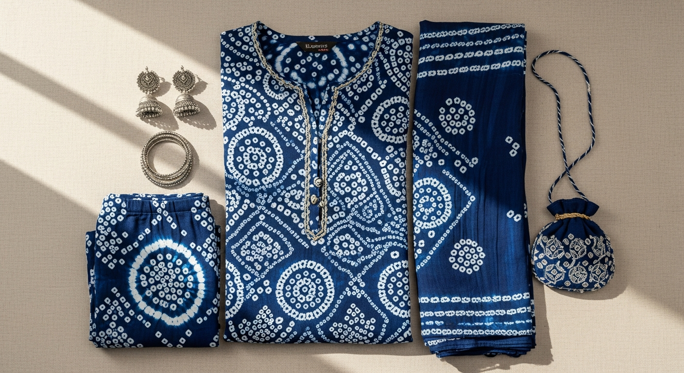Woman wearing traditional Kalini Bandhani printed kurta set with tie-dye patterns and matching dupatta scarf