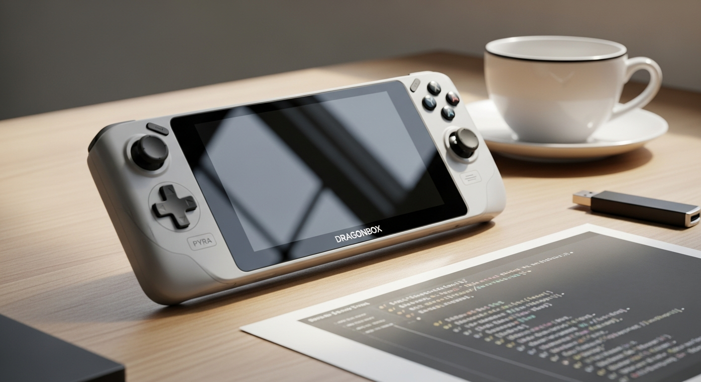 Dragonbox Pyra handheld gaming PC with physical QWERTY keyboard and gaming controls displayed