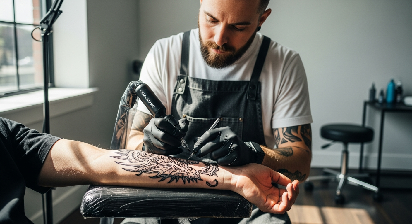 Professional wireless tattoo machine with LCD display and battery charging dock on studio workstation