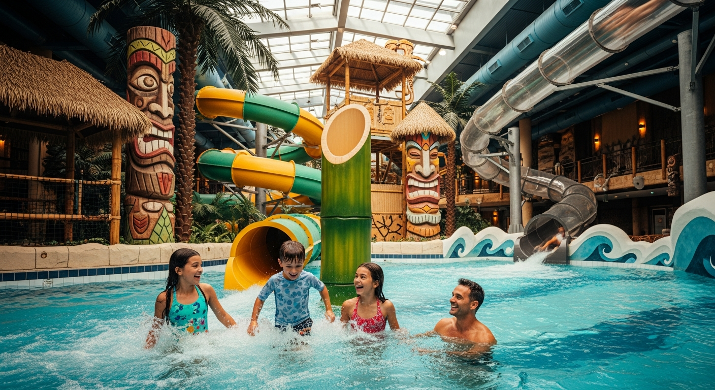Duinrell Tiki Pool Water Park tropical indoor water park with colorful slides and palm trees