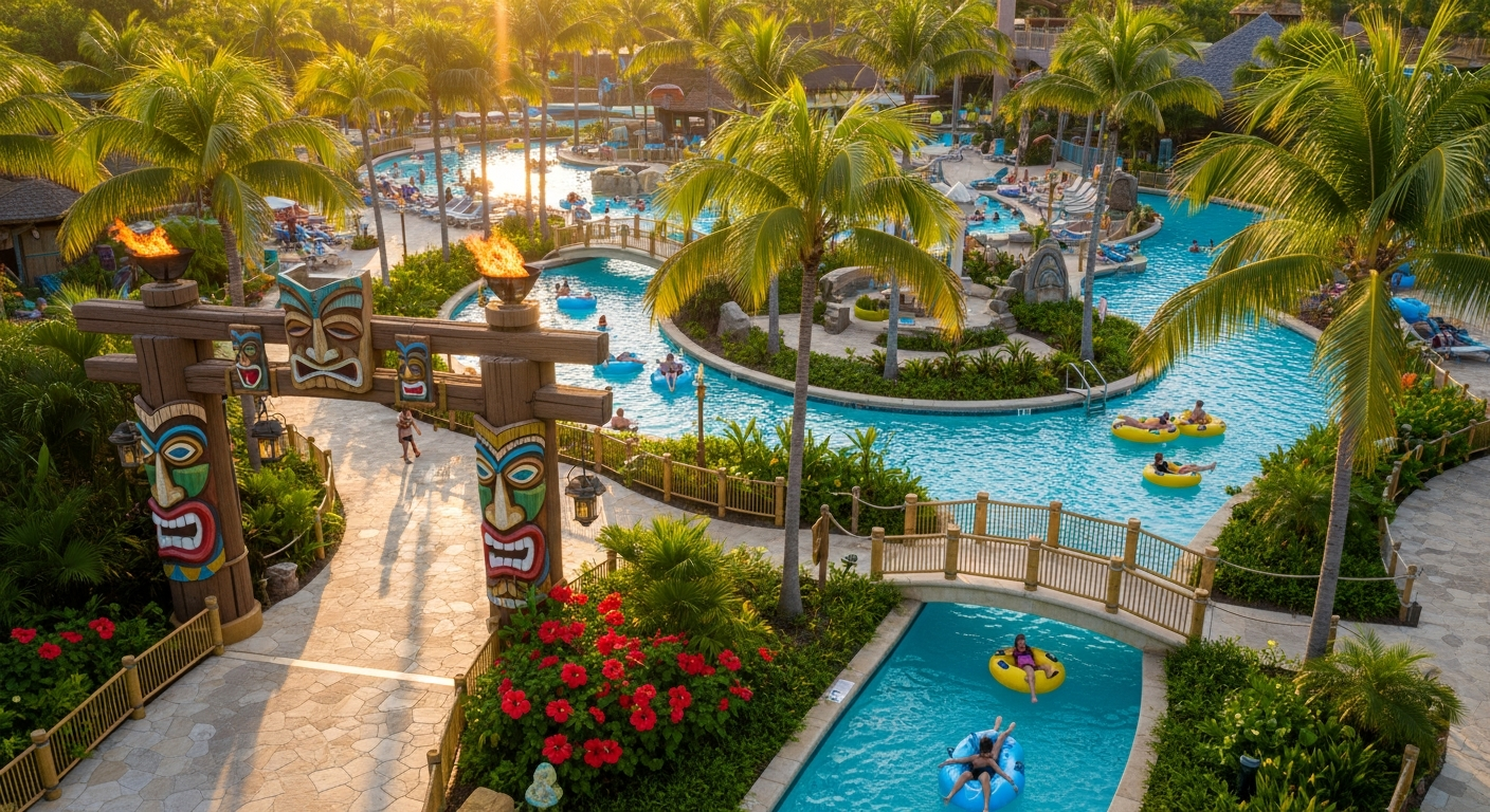 Duinrell Tiki Pool waterpark with colorful slides and wave pool attractions in Benelux region