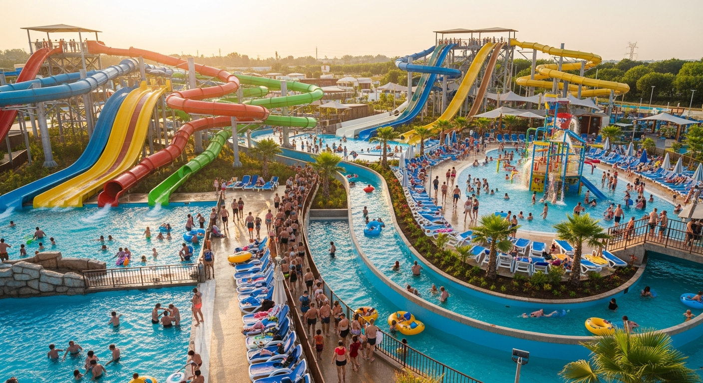 Aerial view of Duinrell Tikibad Water Park with colorful slides and tropical pools