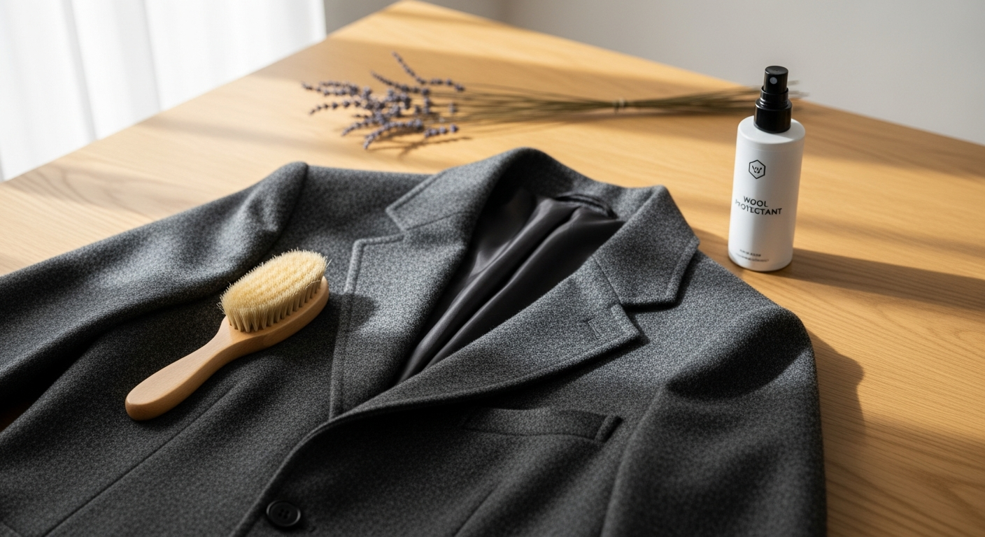 EFE Heritage Wool Jacket in Sandstone camel tone displayed on padded hanger for proper storage and care