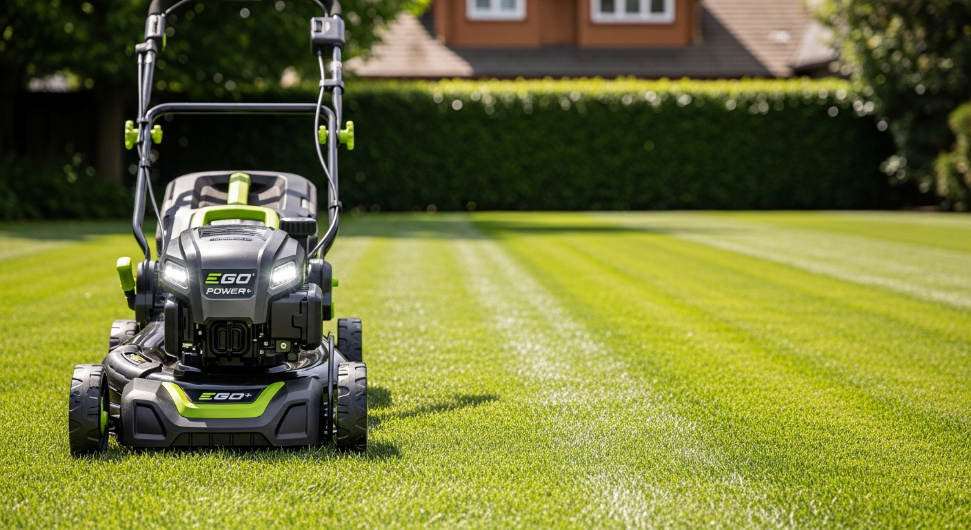 EGO Power+ 21-inch Select Cut Self-Propelled Mower with LED headlights and battery pack displayed