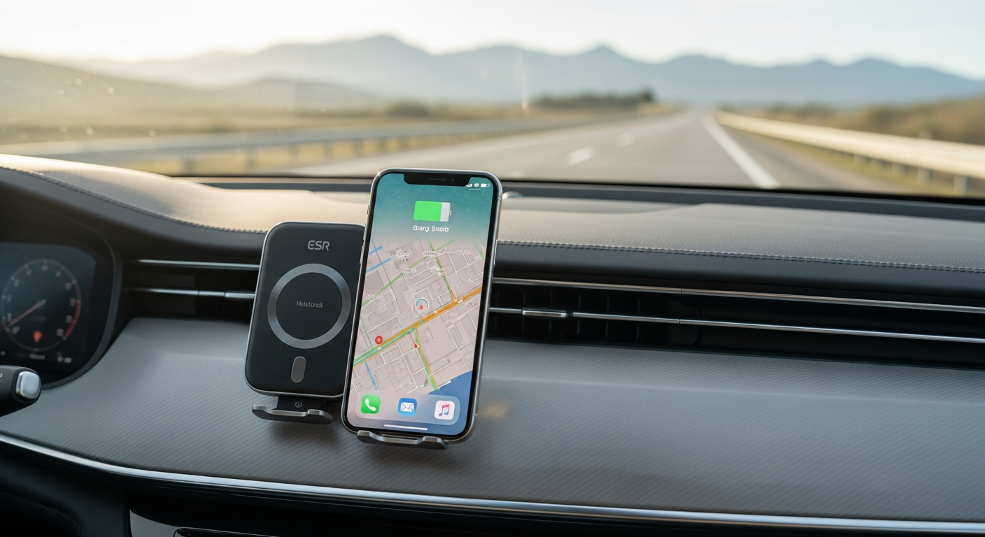 ESR HaloLock CryoBoost wireless car charger mounted on vehicle dashboard with active cooling fan visible