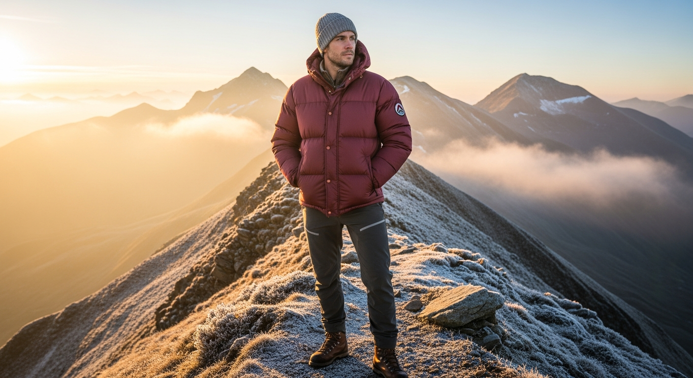 EMS Men's '67 Down Jacket in heritage two-tone styling with embroidered logo displayed on outdoor background