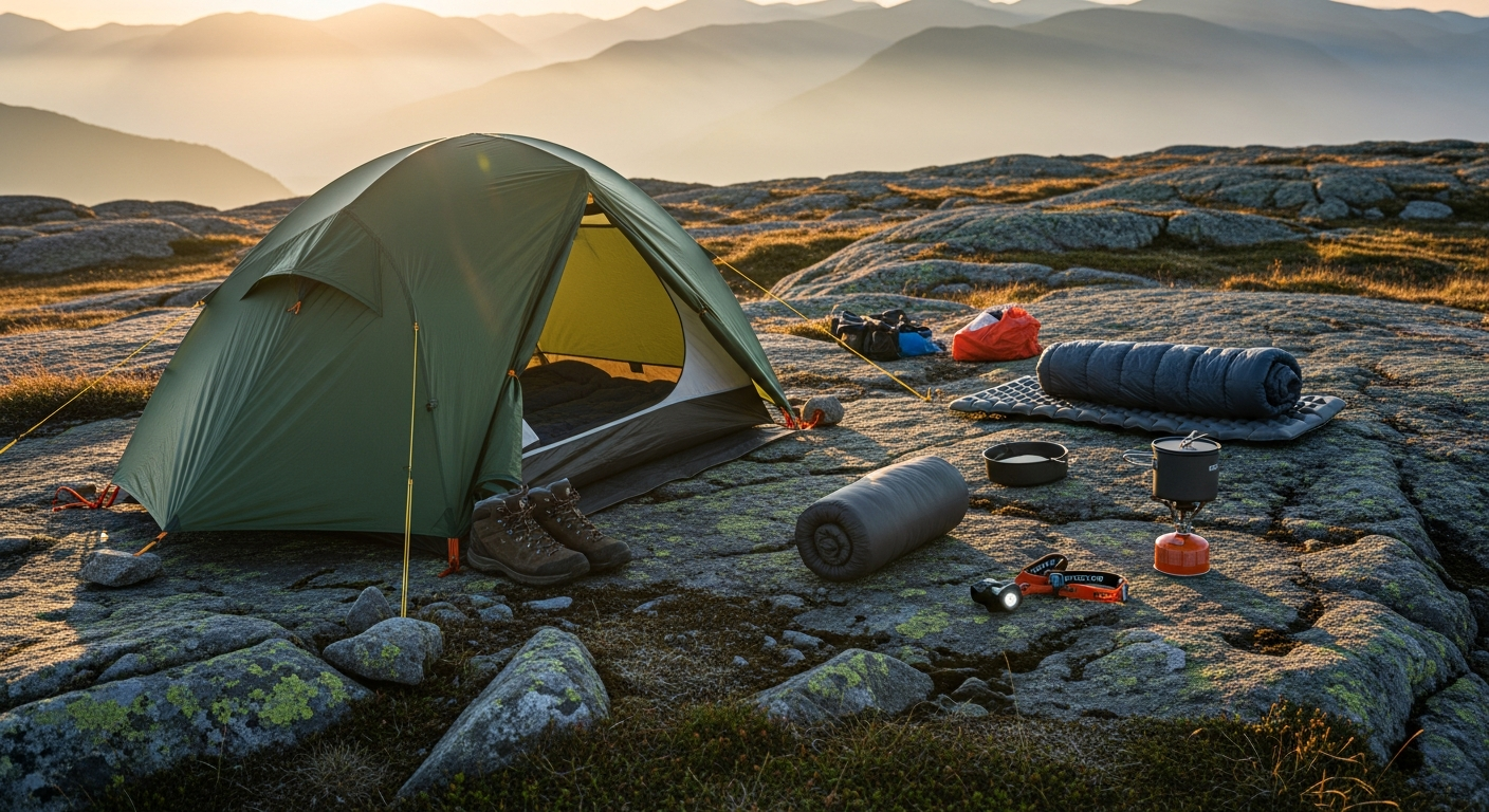 EMS Northbrook 2-person camping tent set up at campsite with freestanding design and vestibule storage visible
