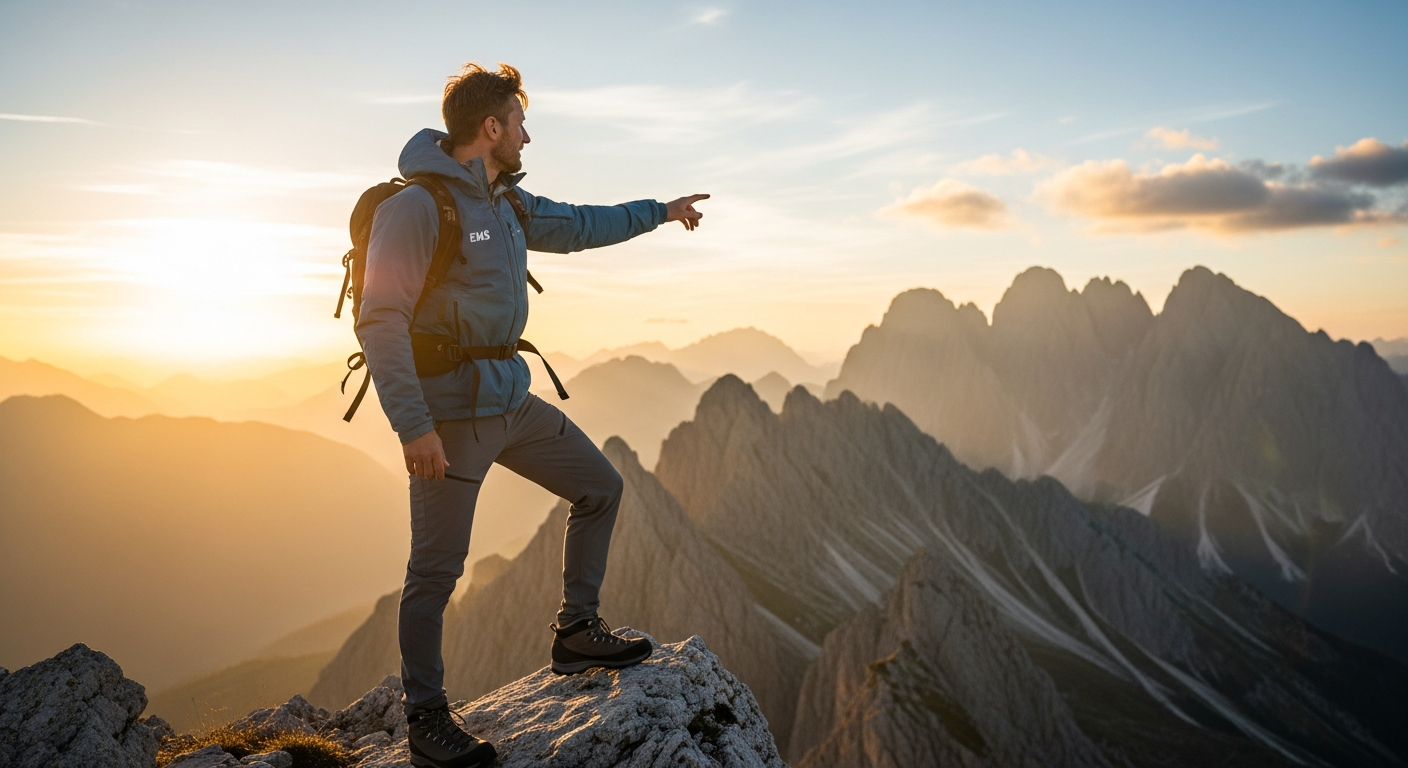 EMS branded outdoor jacket displayed on mountain backdrop with technical features highlighted