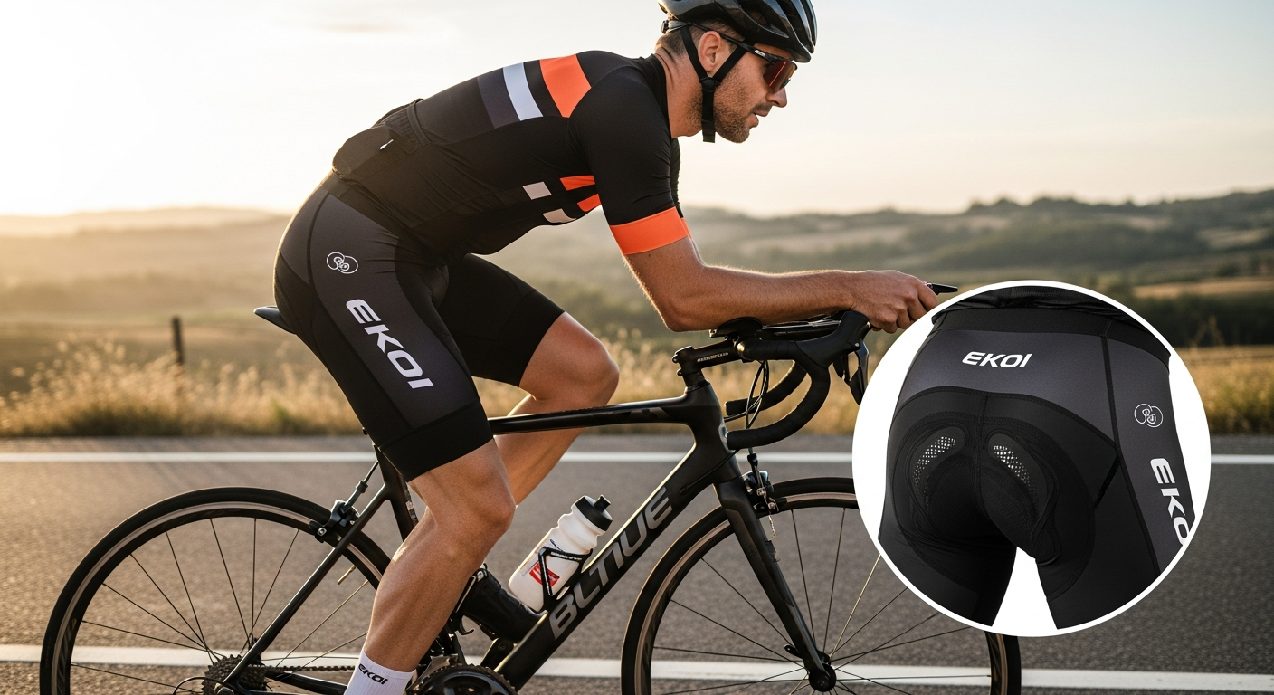 EKOI Perf GEL ULTIMATE cycling bib shorts displayed on cyclist during long-distance ride