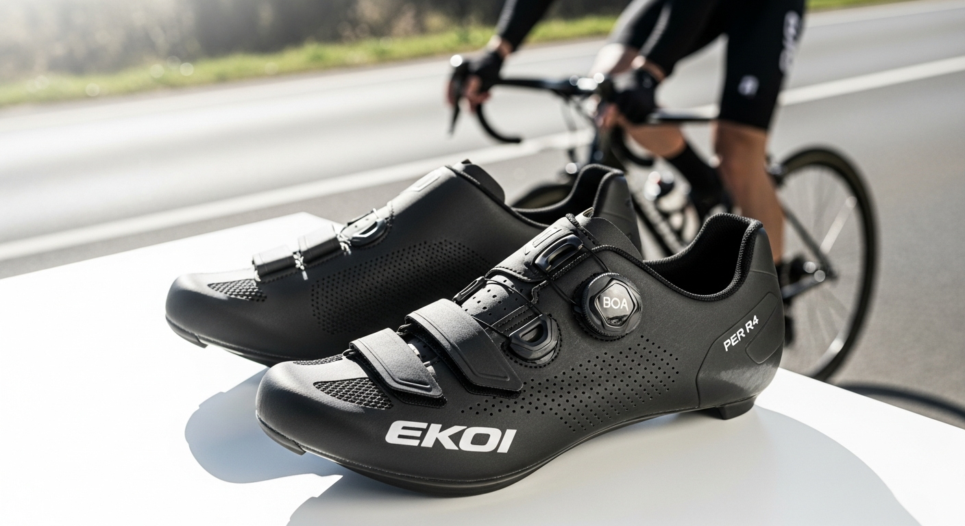 EKOI Perf R4 Light Carbon Road Shoes displayed on cyclist's feet during competitive road race