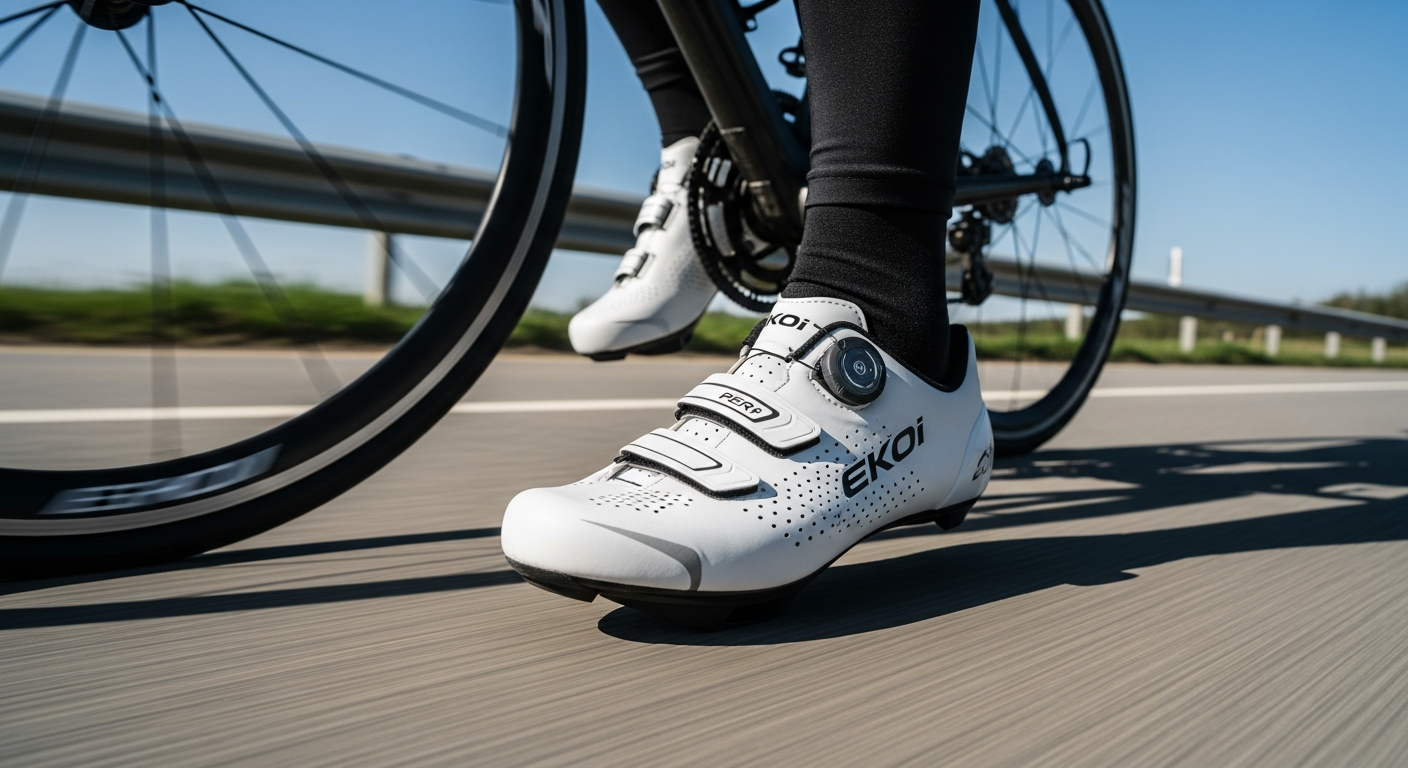 Ekoi Perf R4 Light Carbon Road Shoes displayed on cyclist's feet during summer ride