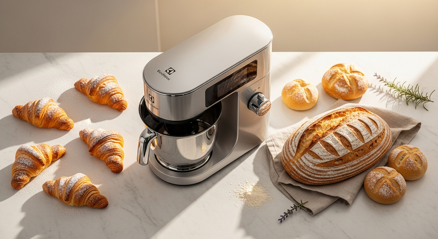 Electrolux Assistent 800 Kitchen Machine with dual stainless steel bowls and PerfectRiseLid on kitchen counter