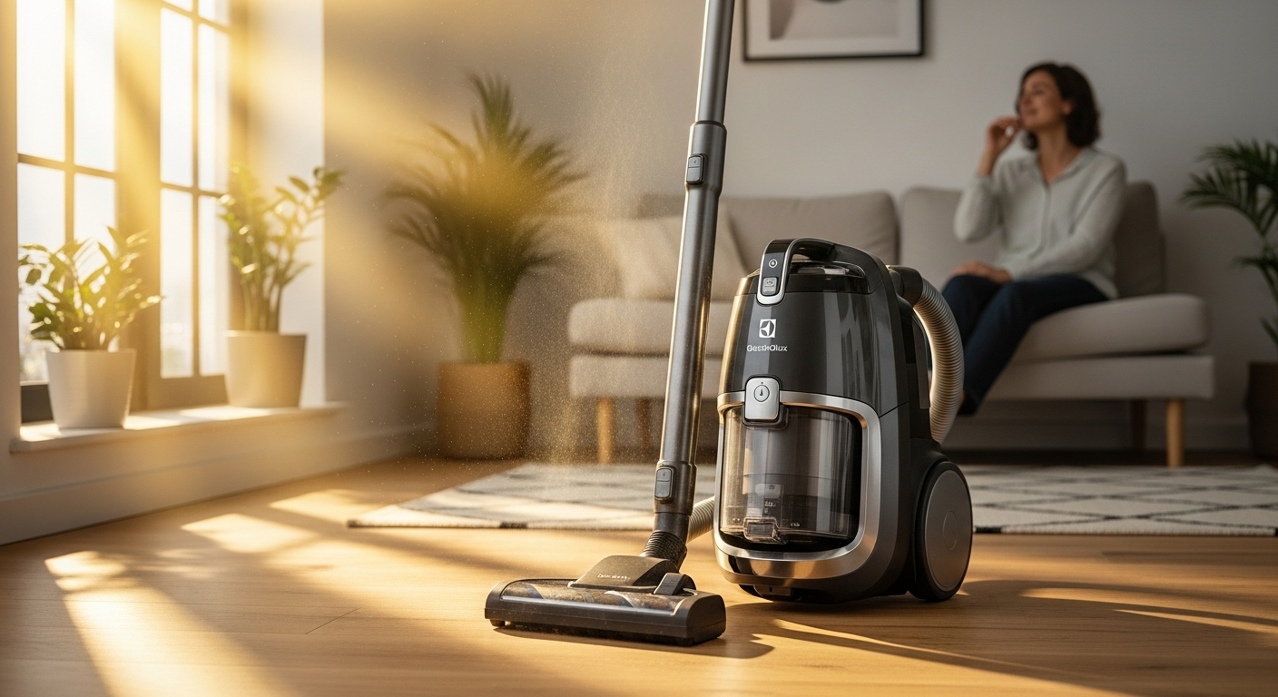 Electrolux UltraOne EUOC94DB cylinder vacuum cleaner with advanced allergy filtration system displayed in modern home setting
