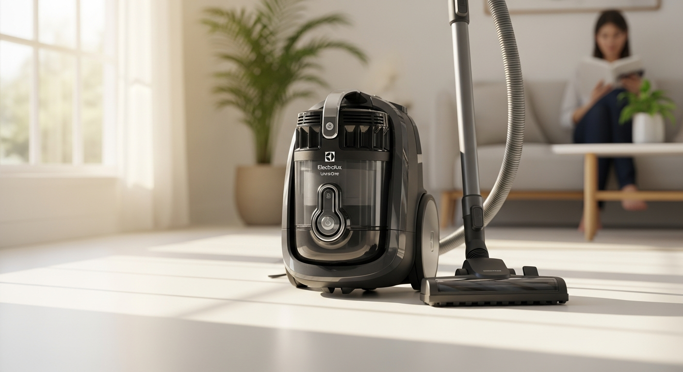 Electrolux UltraOne EUOC94DB cylinder vacuum cleaner with advanced filtration system displayed in modern home setting