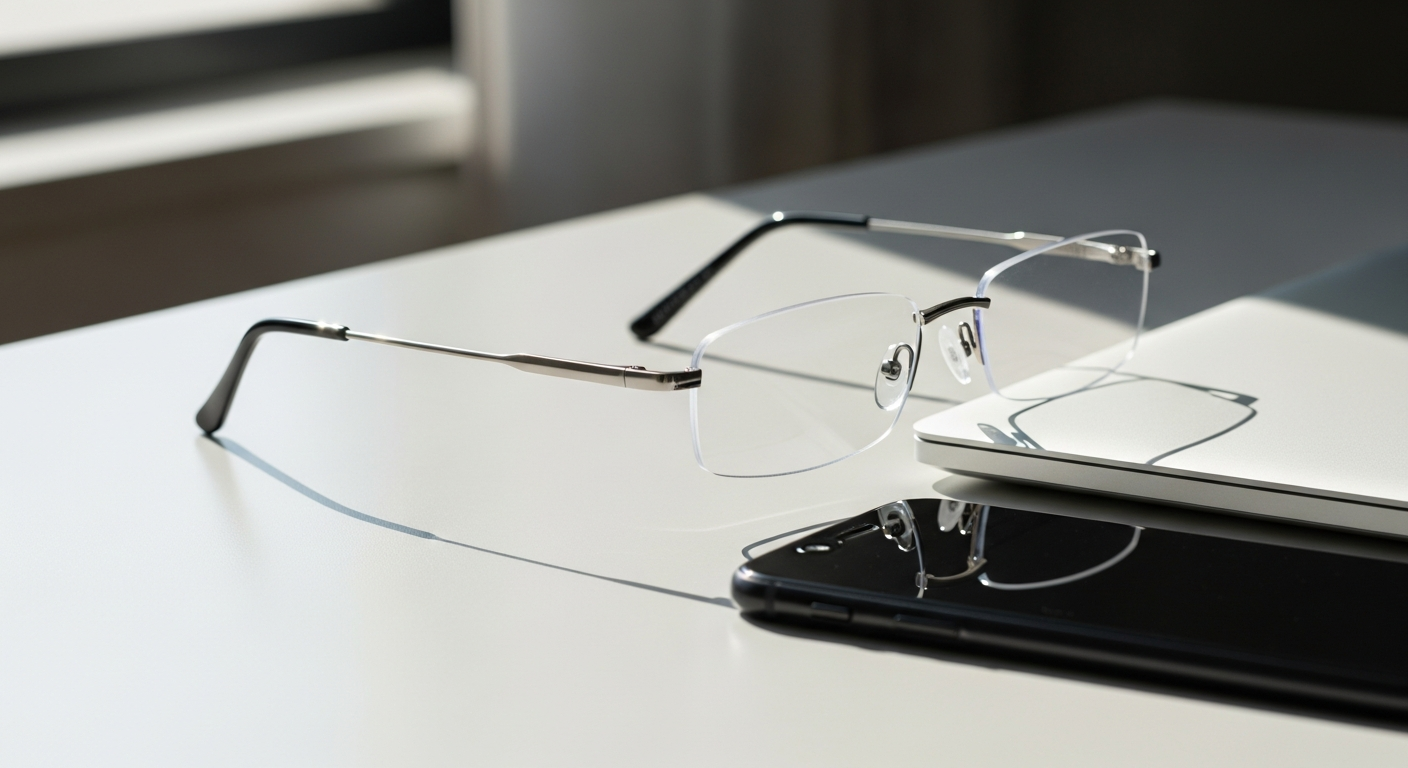 Sylus metal rectangle rimless bluelight glasses with lightweight design and vintage aesthetic for screen professionals