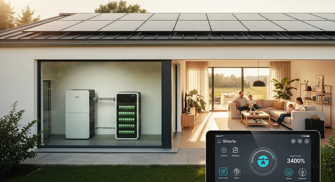 Enpal integrated home energy system with solar panels, battery storage, EV charging wallbox, and heat pump components