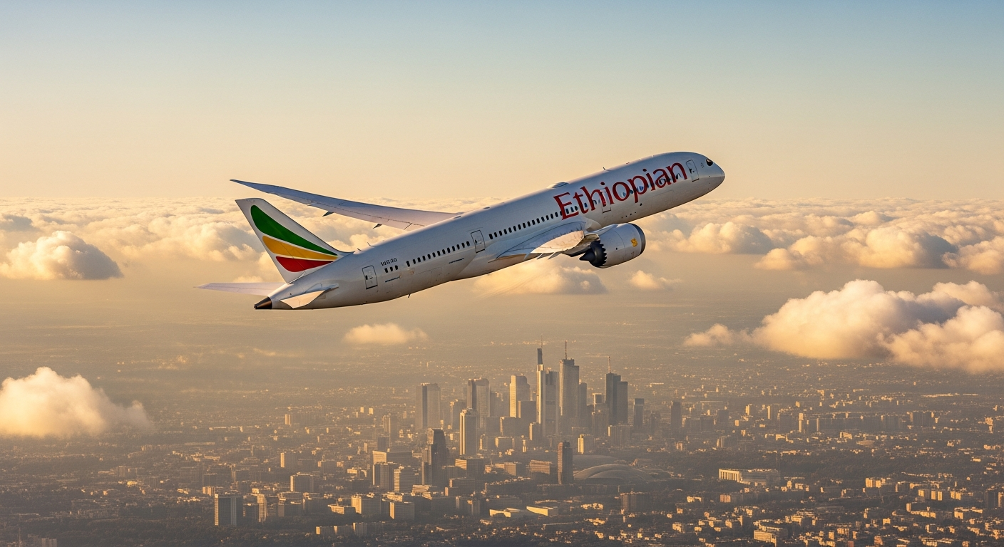 Ethiopian Airlines aircraft flying over African landscape toward European destination