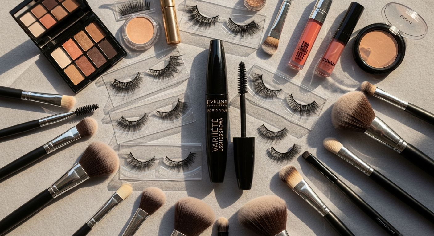 Eveline Variété Lashes Show Mascara wand with dramatic volumized black lashes on model eye