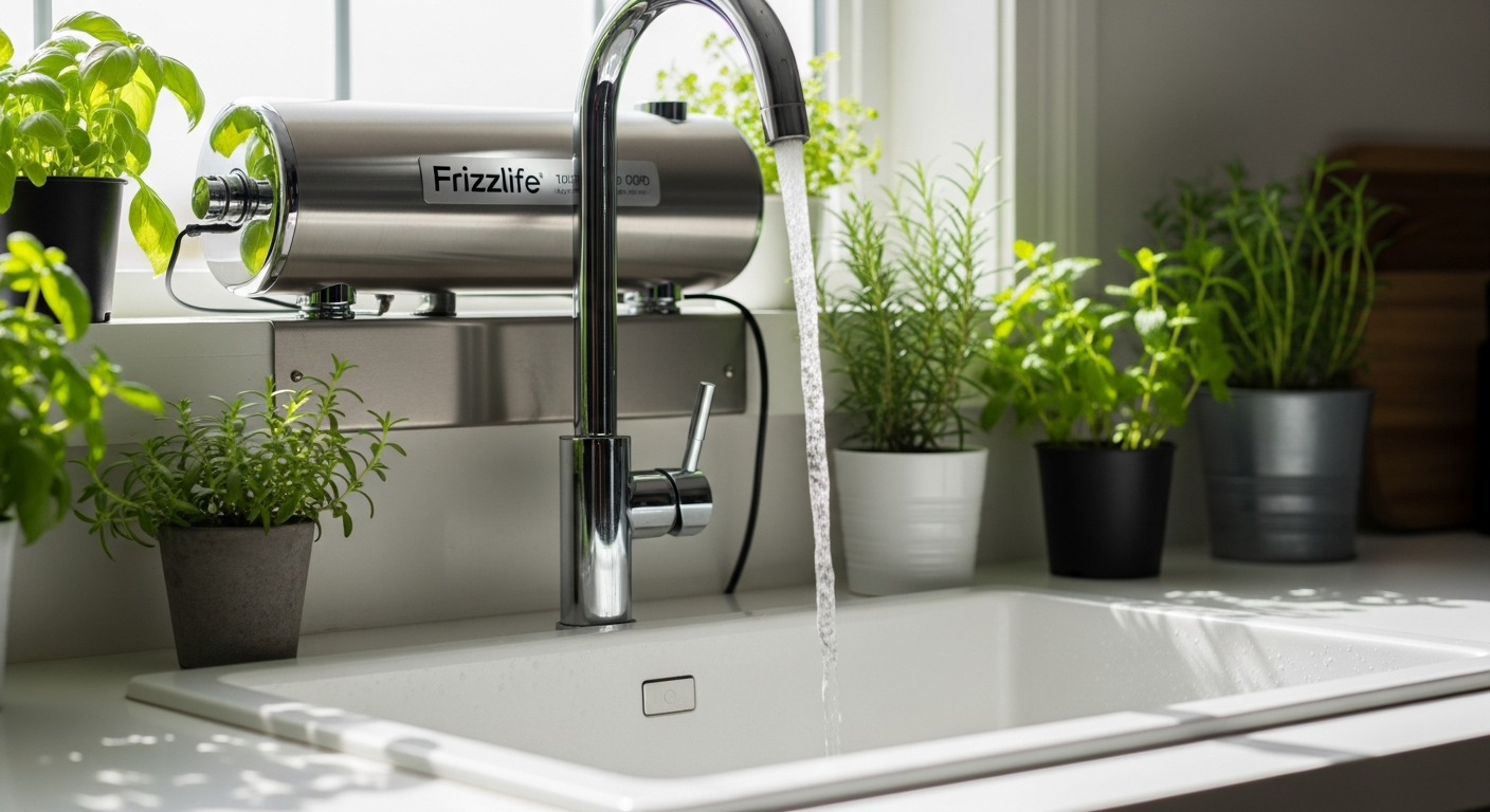 Frizzlife 1000 GPD tankless reverse osmosis system installed under kitchen sink cabinet