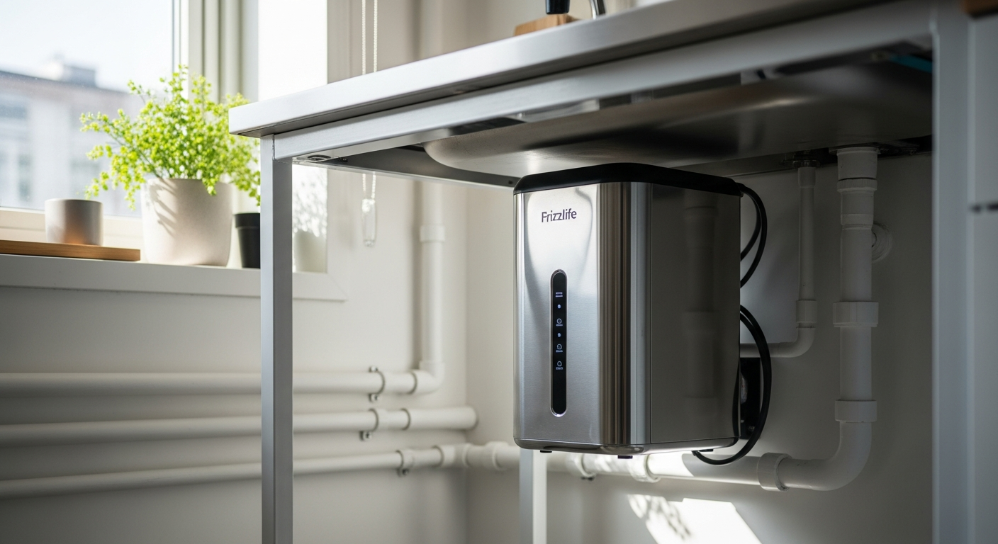 Frizzlife PD600-TAM3 Tankless RO System installed under kitchen sink with LED display showing water quality readings