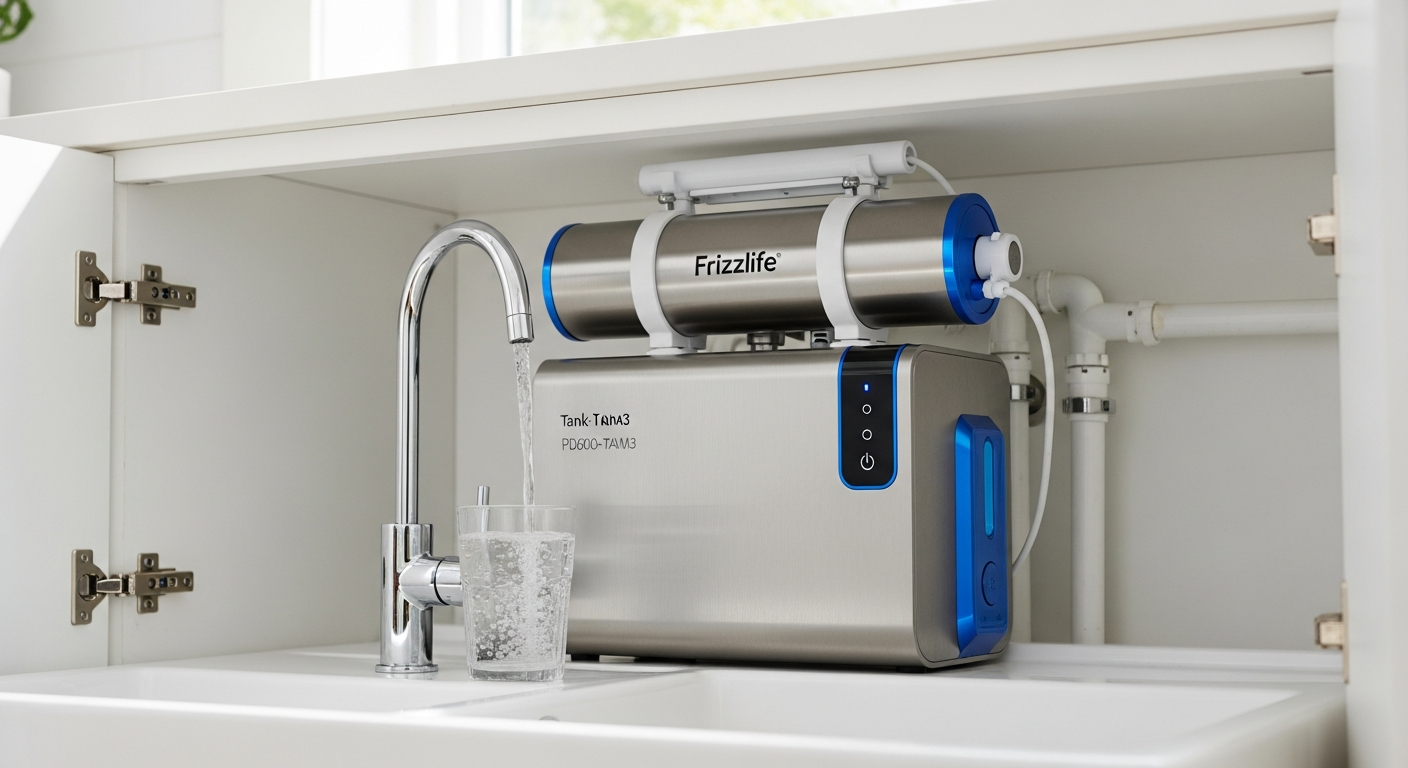 Frizzlife PD600-TAM3 tankless reverse osmosis system with alkaline remineralization filter installed under kitchen sink