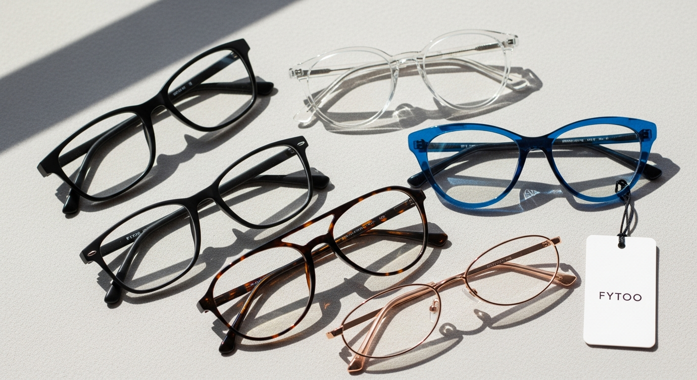 FYTOO affordable prescription eyeglasses collection displaying multiple stylish frames in various colors and designs