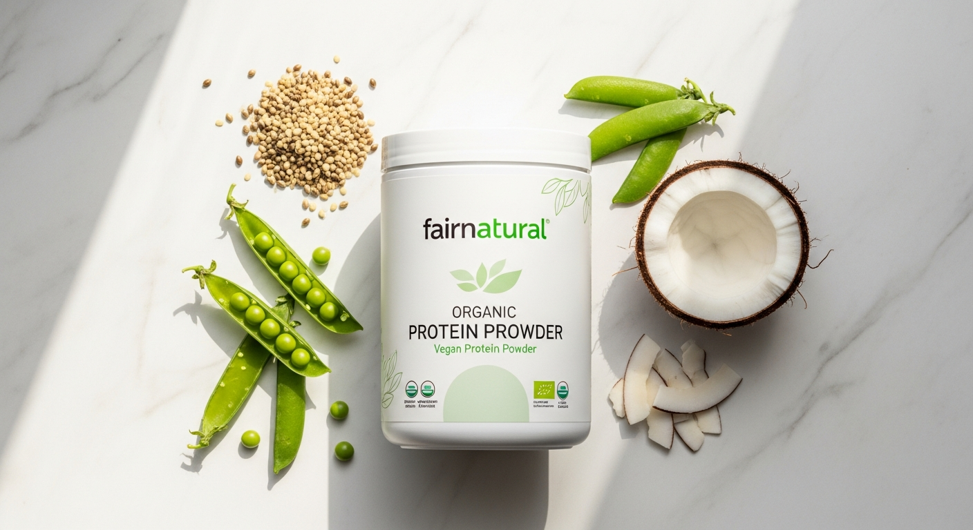Fairnatural Organic Vegan Protein Powder container with vanilla flavor displayed against sustainable packaging background