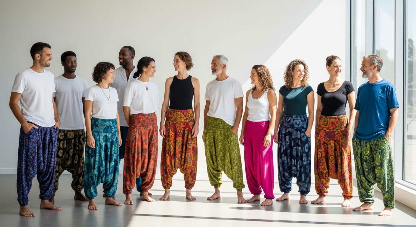 Diverse group of conscious consumers wearing Fantazia harem pants in bohemian settings