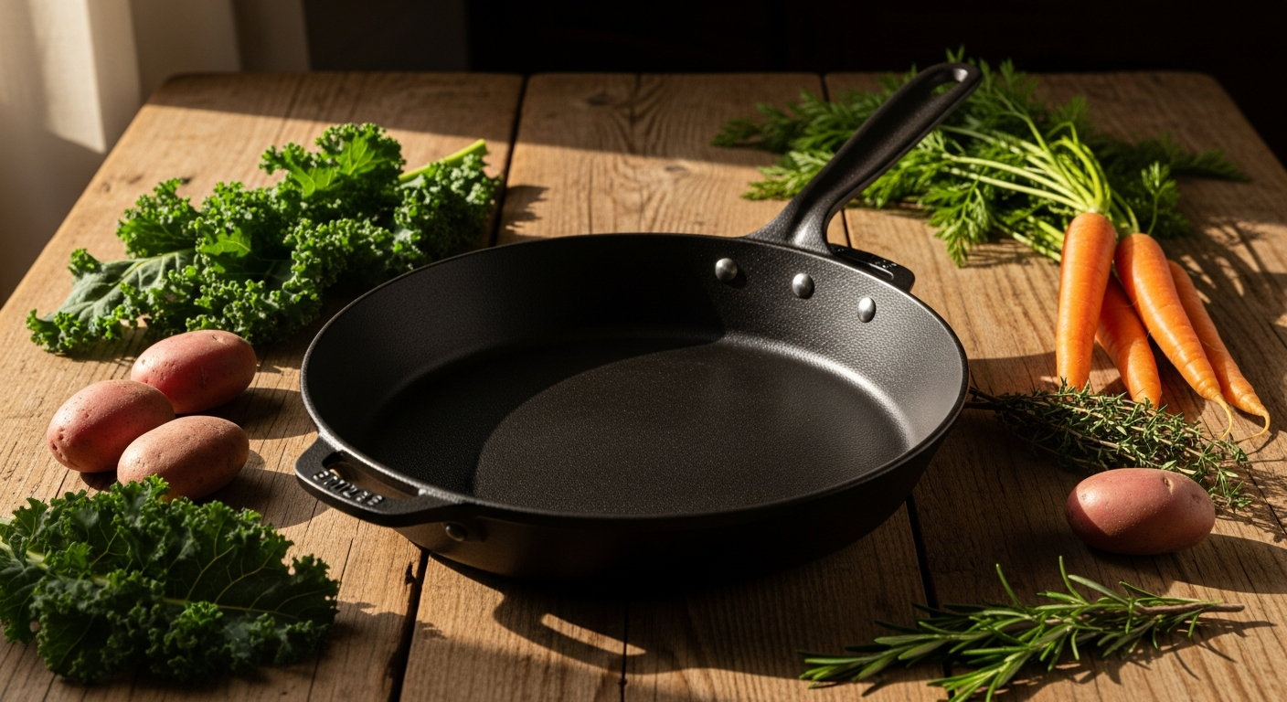 Netherton Foundry spun iron chef's pan with removable oak handle displayed on stovetop