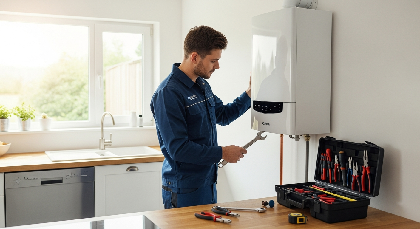 Feenstra technician installing a modern HR CV-ketel boiler in a Dutch home