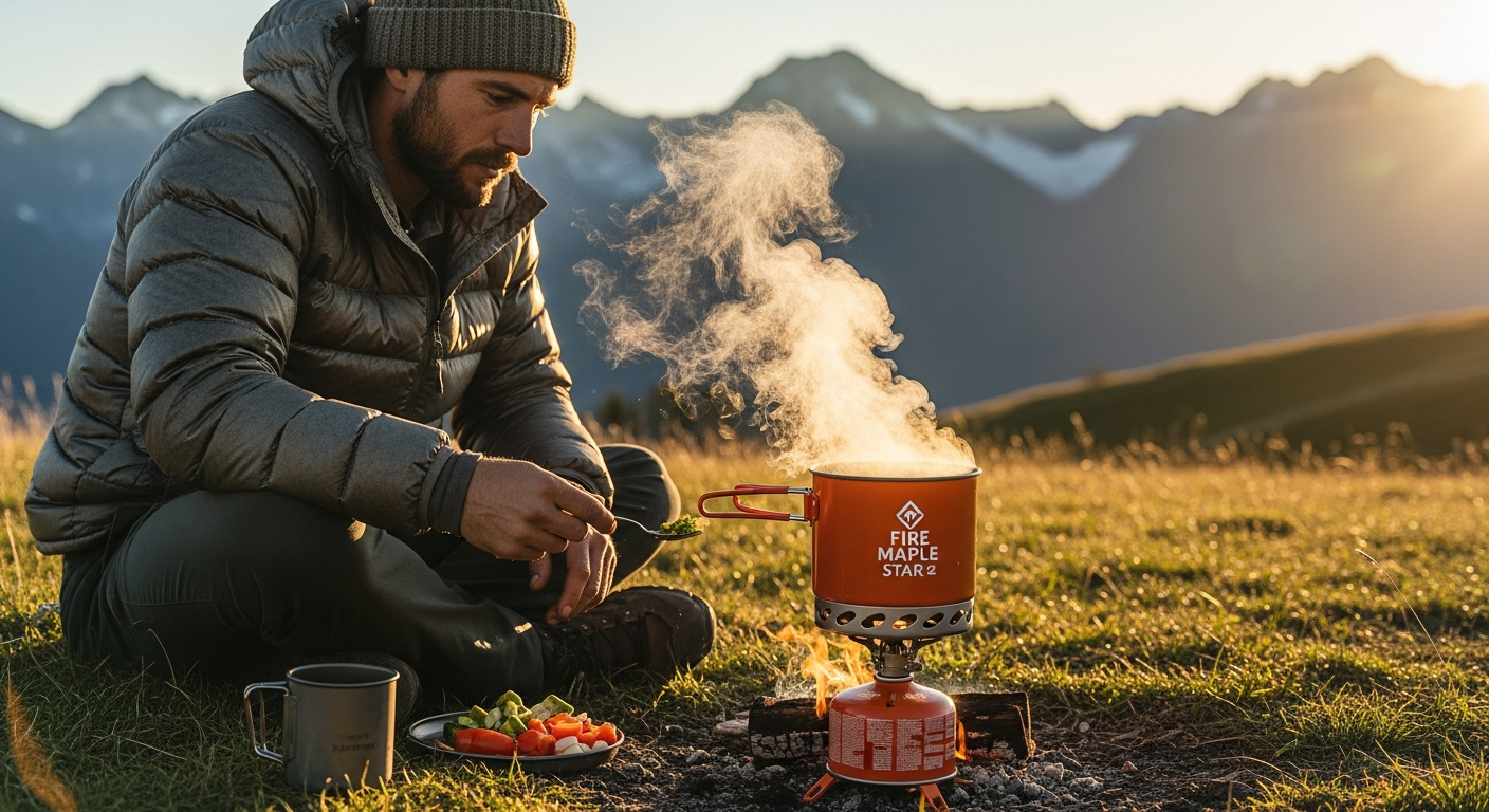 Fire Maple Star X2 Integrated Cooking System with nested pot, burner, and fuel canister displayed on outdoor camping surface