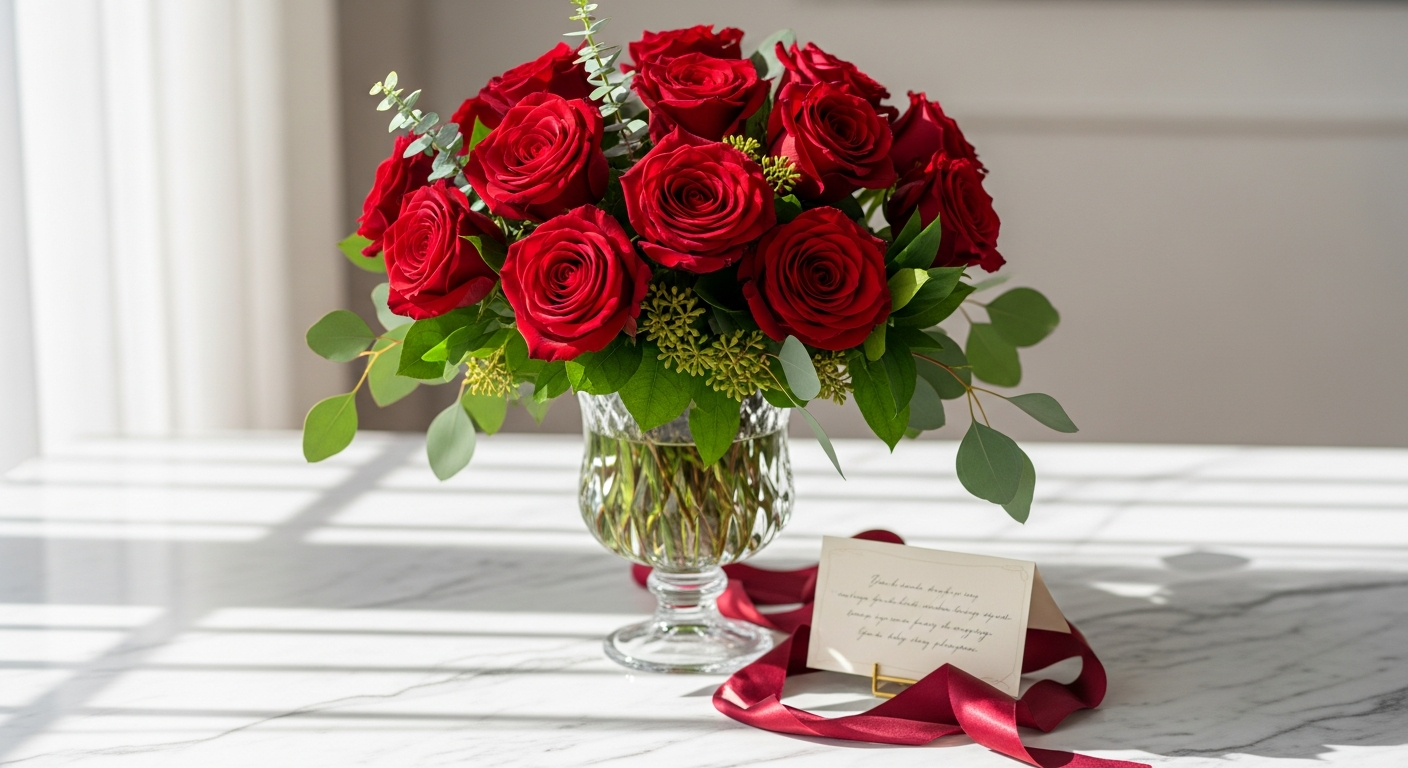 Classic Love 12 Red Roses bouquet with premium hand-selected crimson blooms in elegant arrangement