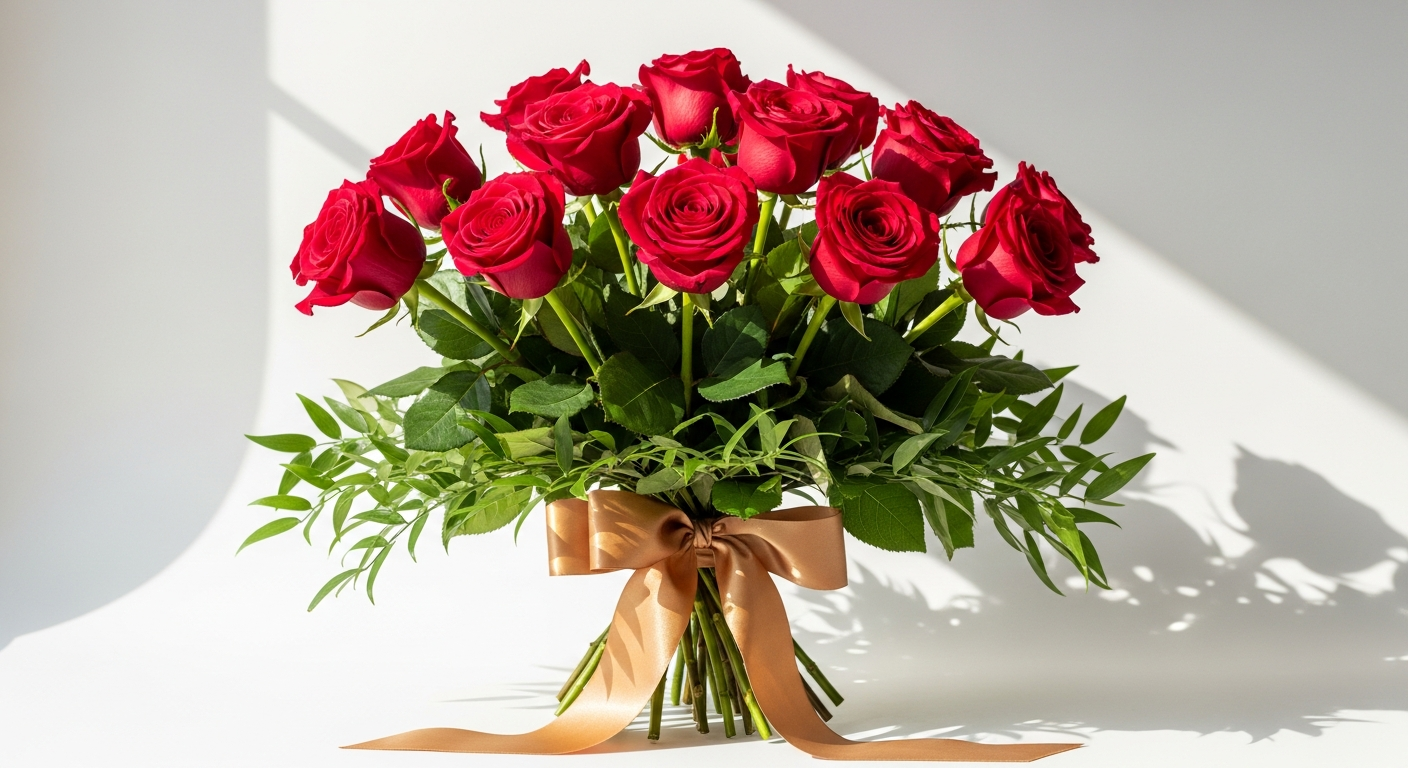 Elegant dozen long-stemmed red roses arranged with greenery in clear glass vase