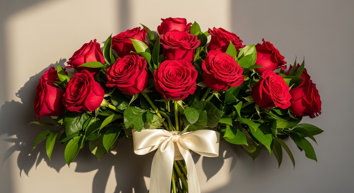 A stunning arrangement of premium long-stemmed red roses with eucalyptus and ruscus greenery in elegant wrapping