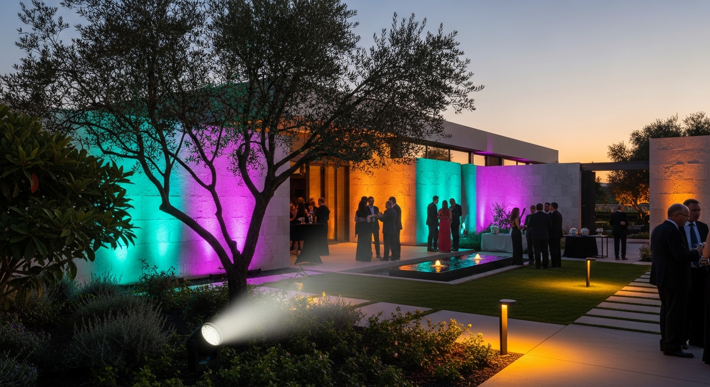 Flyachilles Outdoor RGB LED Landscape Spotlight illuminating a commercial venue with dynamic color lighting at night