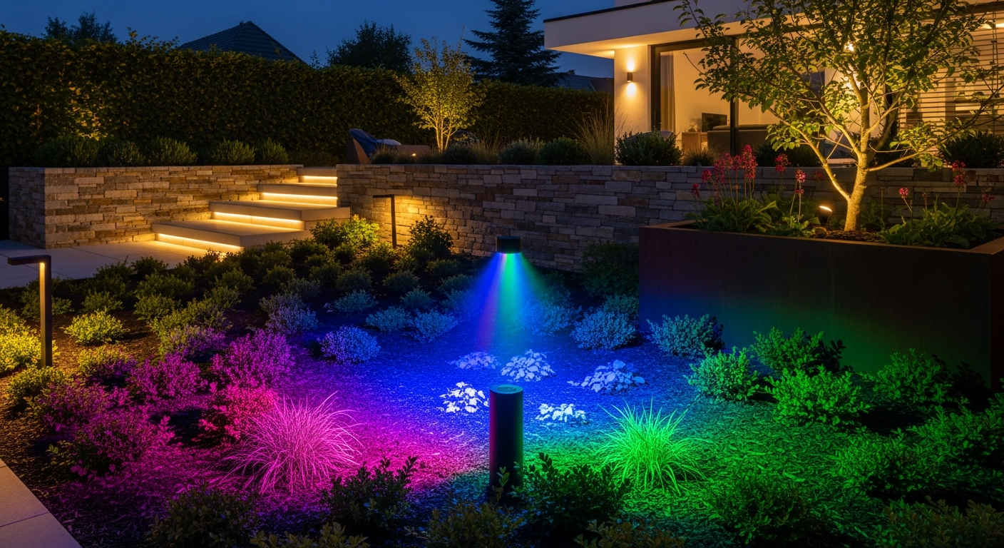 Flyachilles Outdoor RGB Landscape Spot Light illuminating a garden at night with vibrant color-changing LED lighting