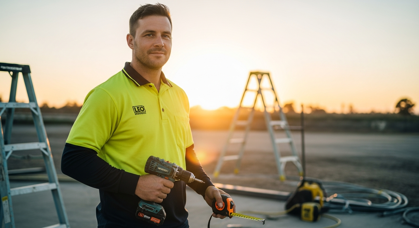 Leo Workwear EcoViz Performance Polo Shirt with segmented reflective tape on electrician at job site