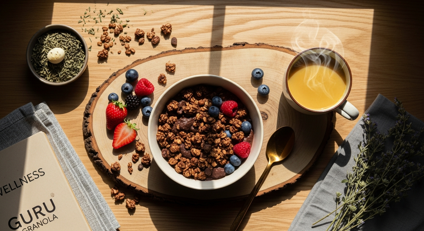 GURU Granola LOVE Wisdom Ayurvedic cacao-hemp blend in a white bowl with fresh strawberries and coconut chips