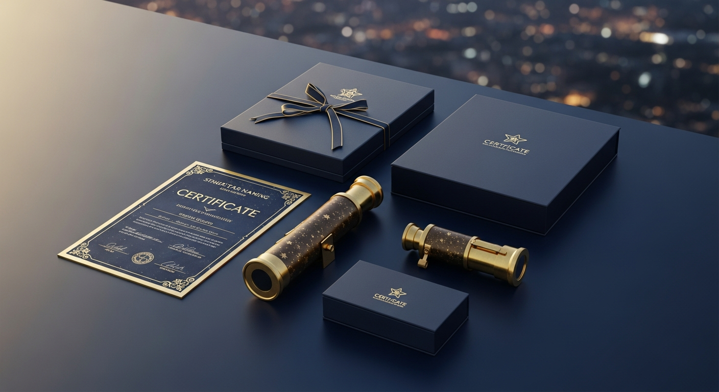 Premium star naming gift set with framed certificate, meteorite fragment, and luxury packaging displayed