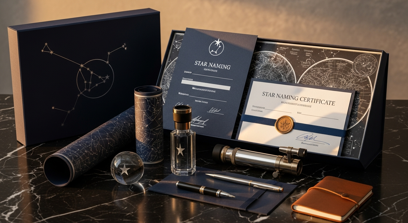 Premium star naming gift set with meteorite, zodiac necklace, certificate and AR app technology