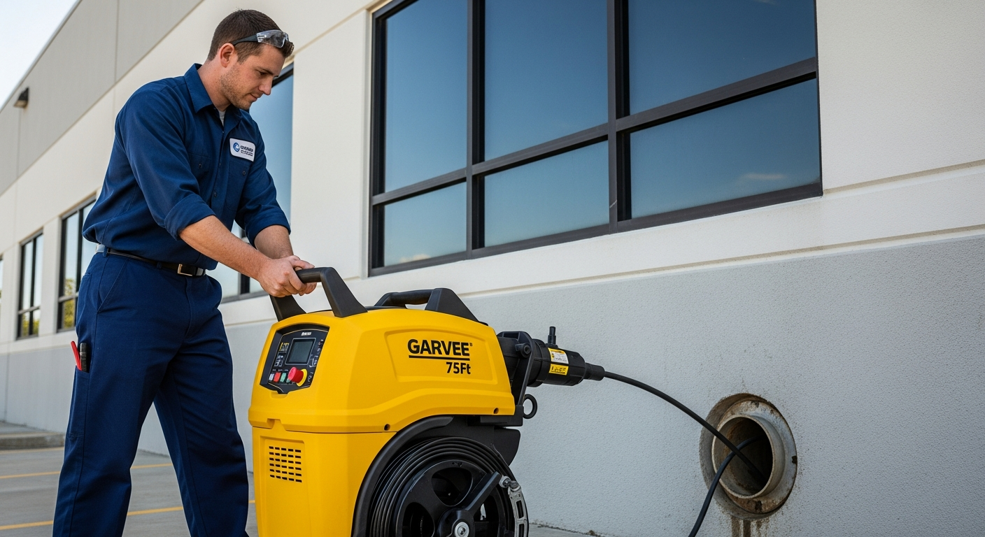 Professional Garvee 75Ft Electric Drain Cleaner Machine with auto-feed system and interchangeable cutter heads for commercial use