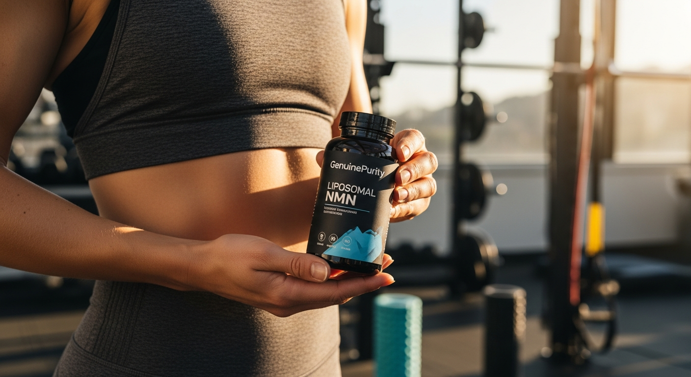 GenuinePurity Liposomal NMN supplement bottle with athletic performance and cellular recovery graphics