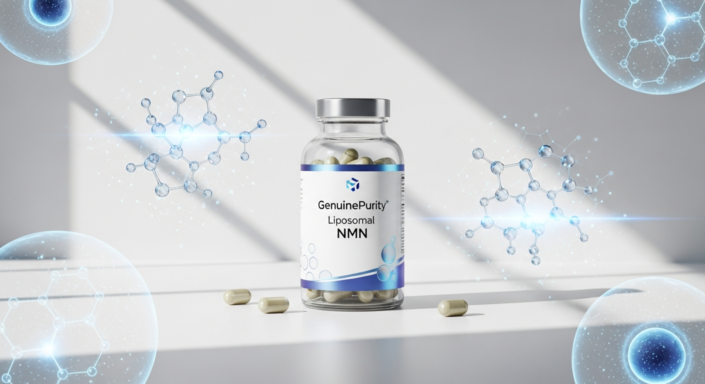GenuinePurity liposomal NMN supplement bottle with cellular rejuvenation and anti-aging benefits visualization