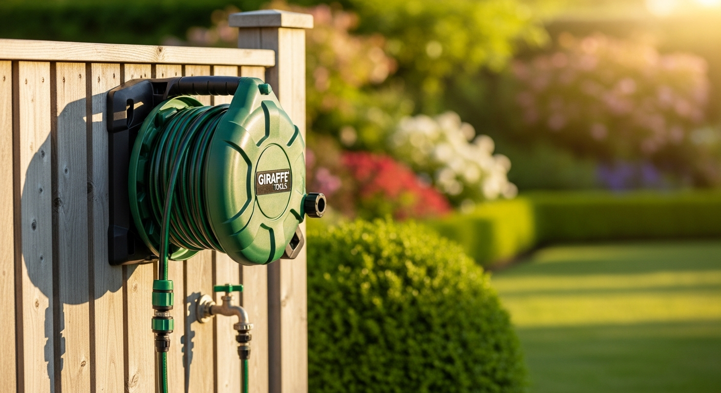 Giraffe Tools retractable garden hose reel mounted on wall with rotating design