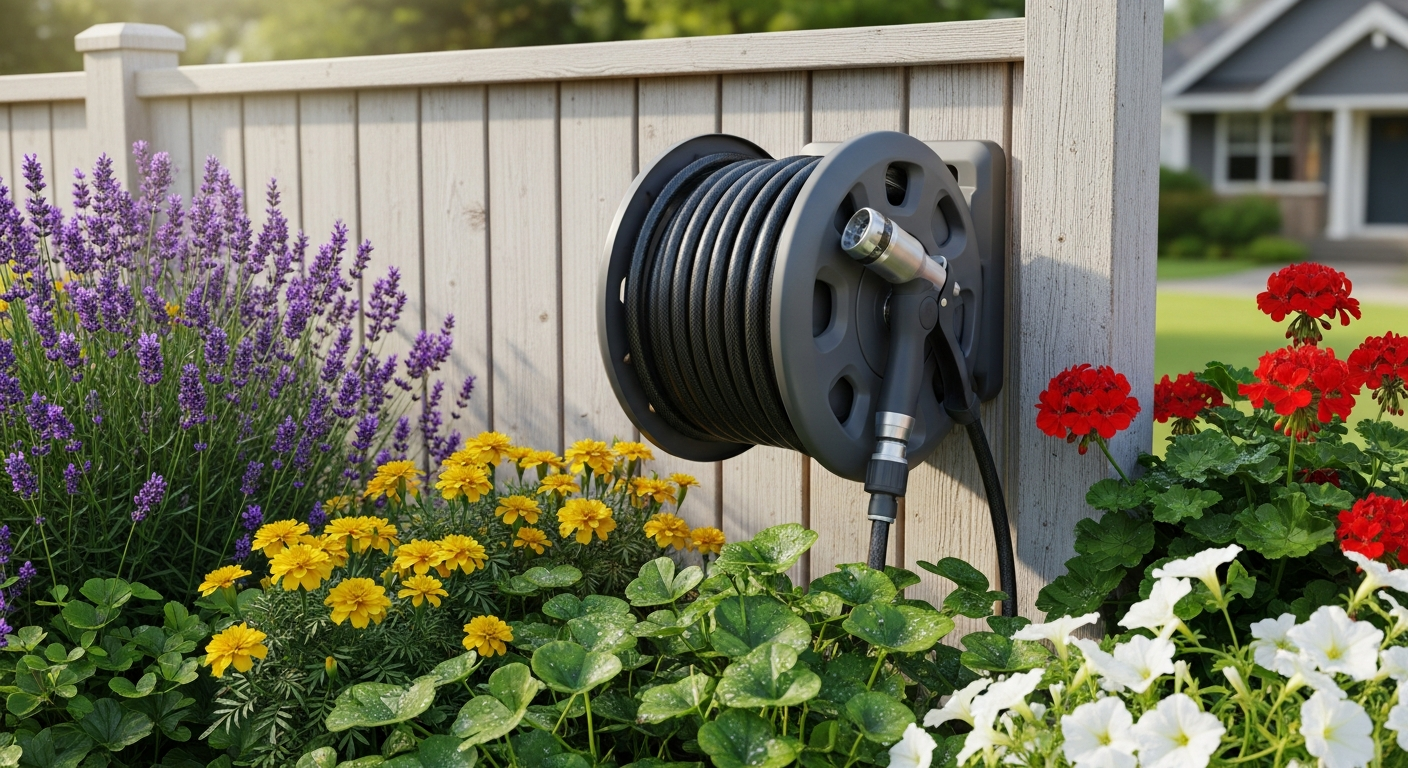 Giraffe Tools retractable garden hose reel mounted on wooden post with swivel bracket and spray nozzle
