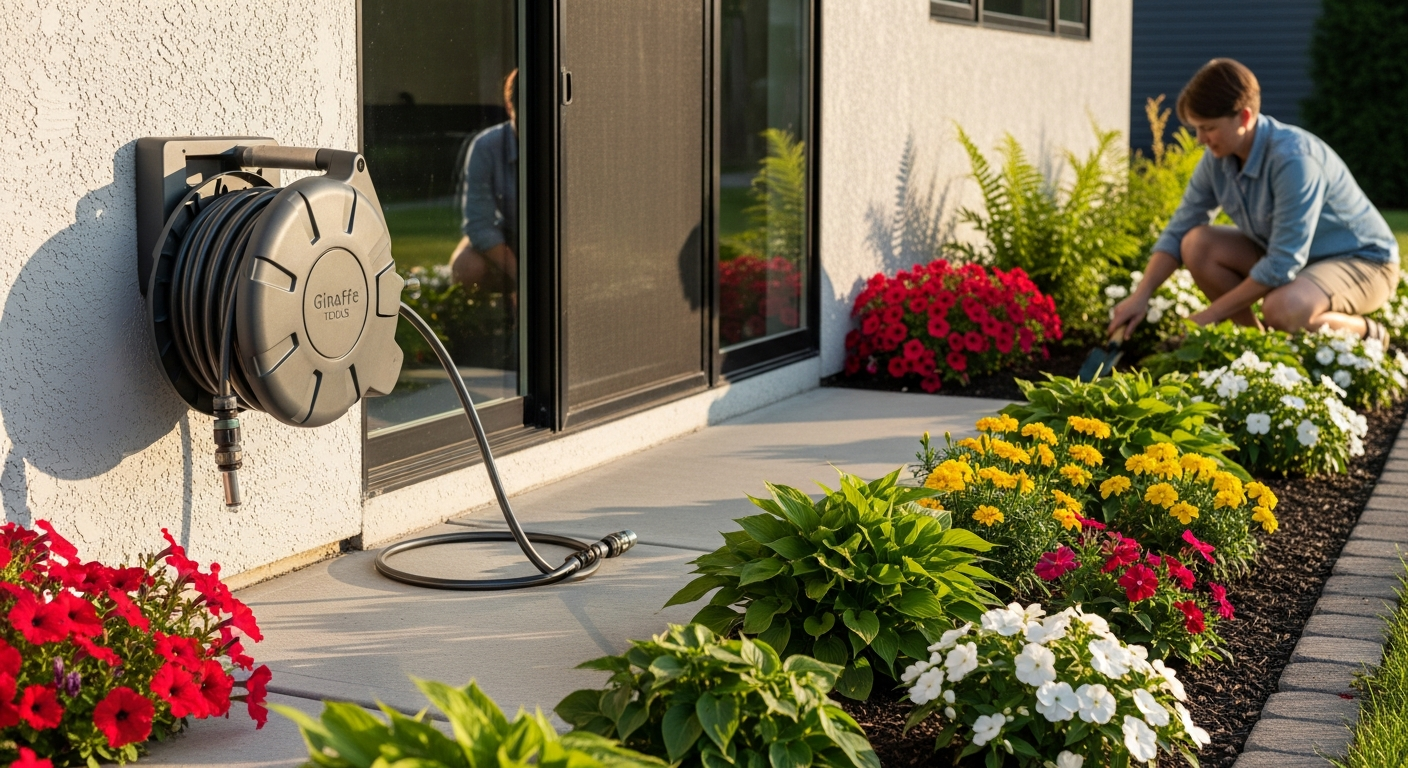Giraffe Tools retractable garden hose reel mounted on outdoor wall with automatic retraction system