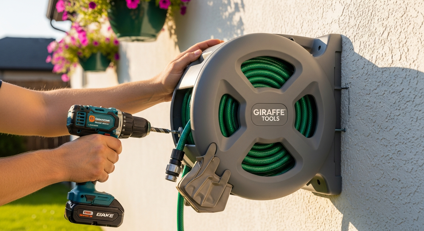 Giraffe Tools retractable garden hose reel mounted on residential home exterior wall with 180-degree swivel bracket
