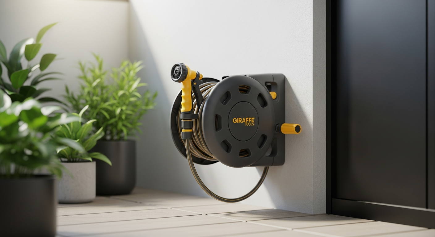 Giraffe Tools retractable garden hose reel mounted on wall with swivel bracket and multi-pattern nozzle