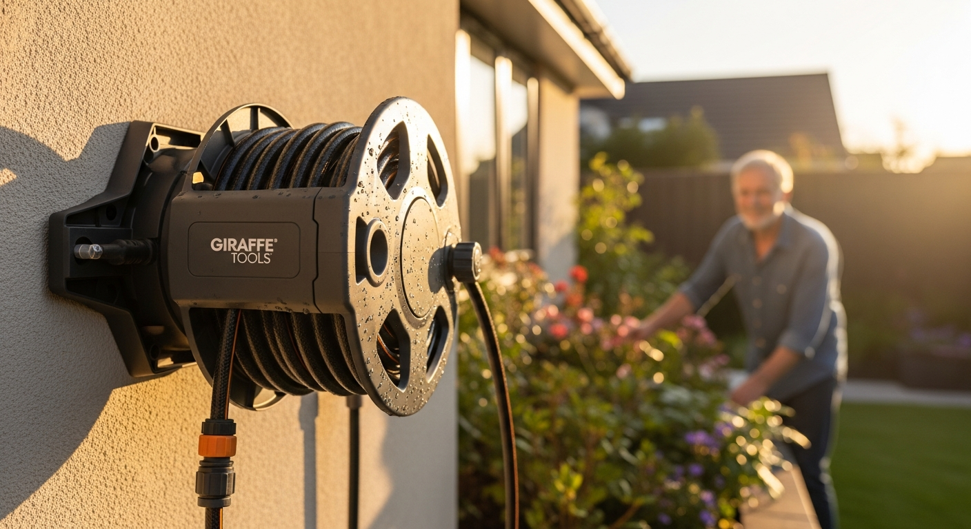 Giraffe Tools retractable garden hose reel mounted on outdoor wall with swivel bracket
