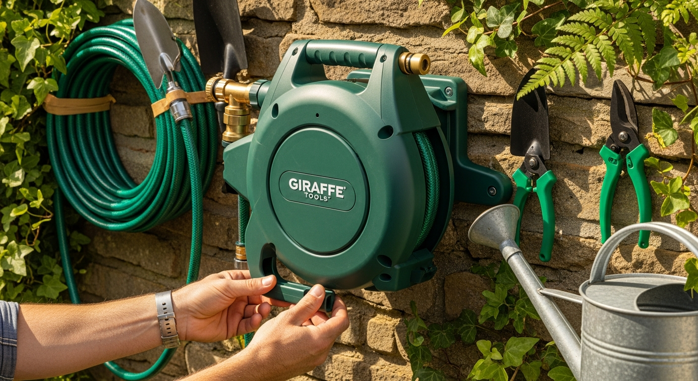 Giraffe Tools retractable garden hose reel mounted on wooden fence post with swivel bracket and nozzle attachment
